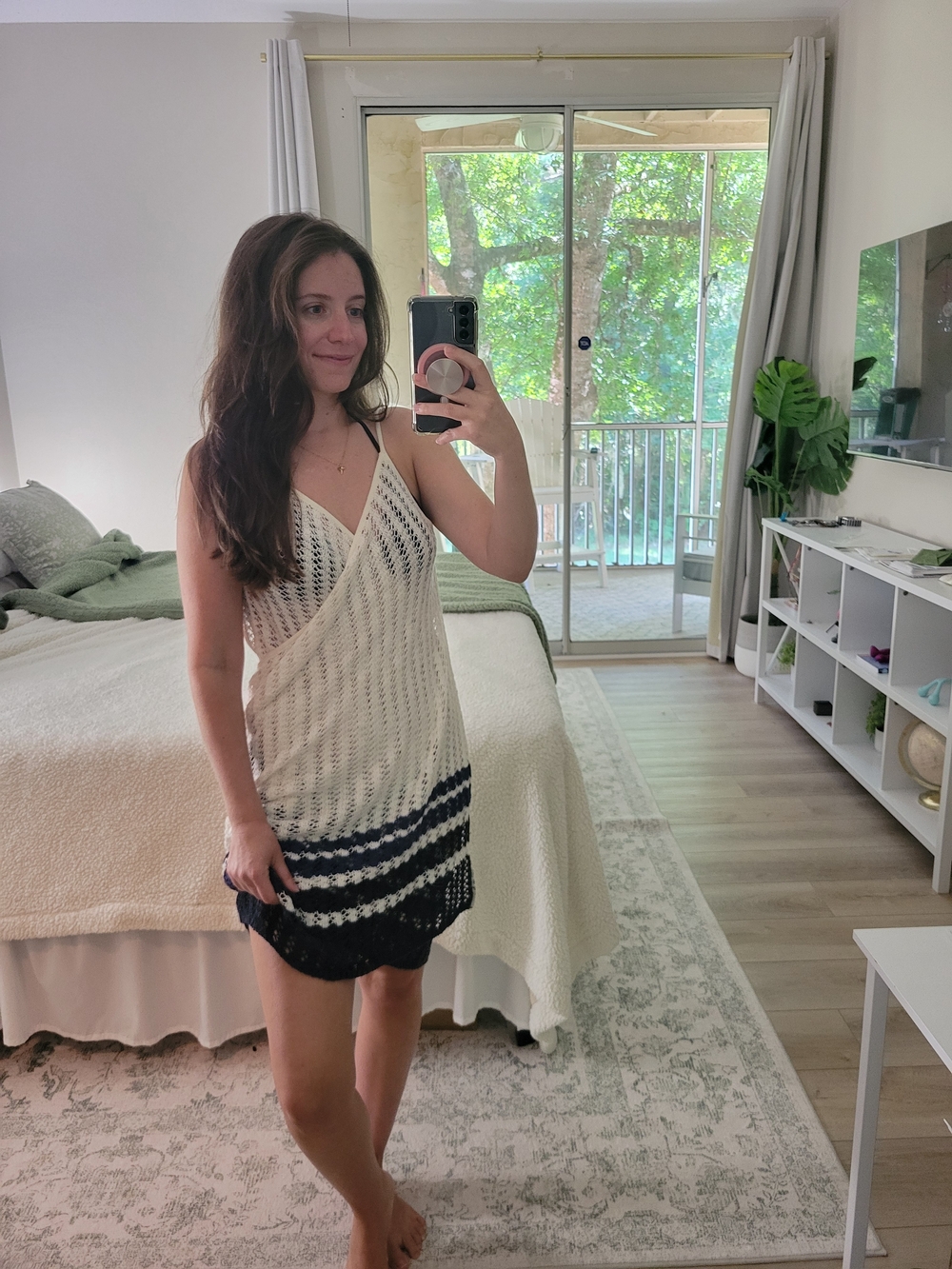 Women’s Cream and Navy Crochet Cover-Up Wrap Dress